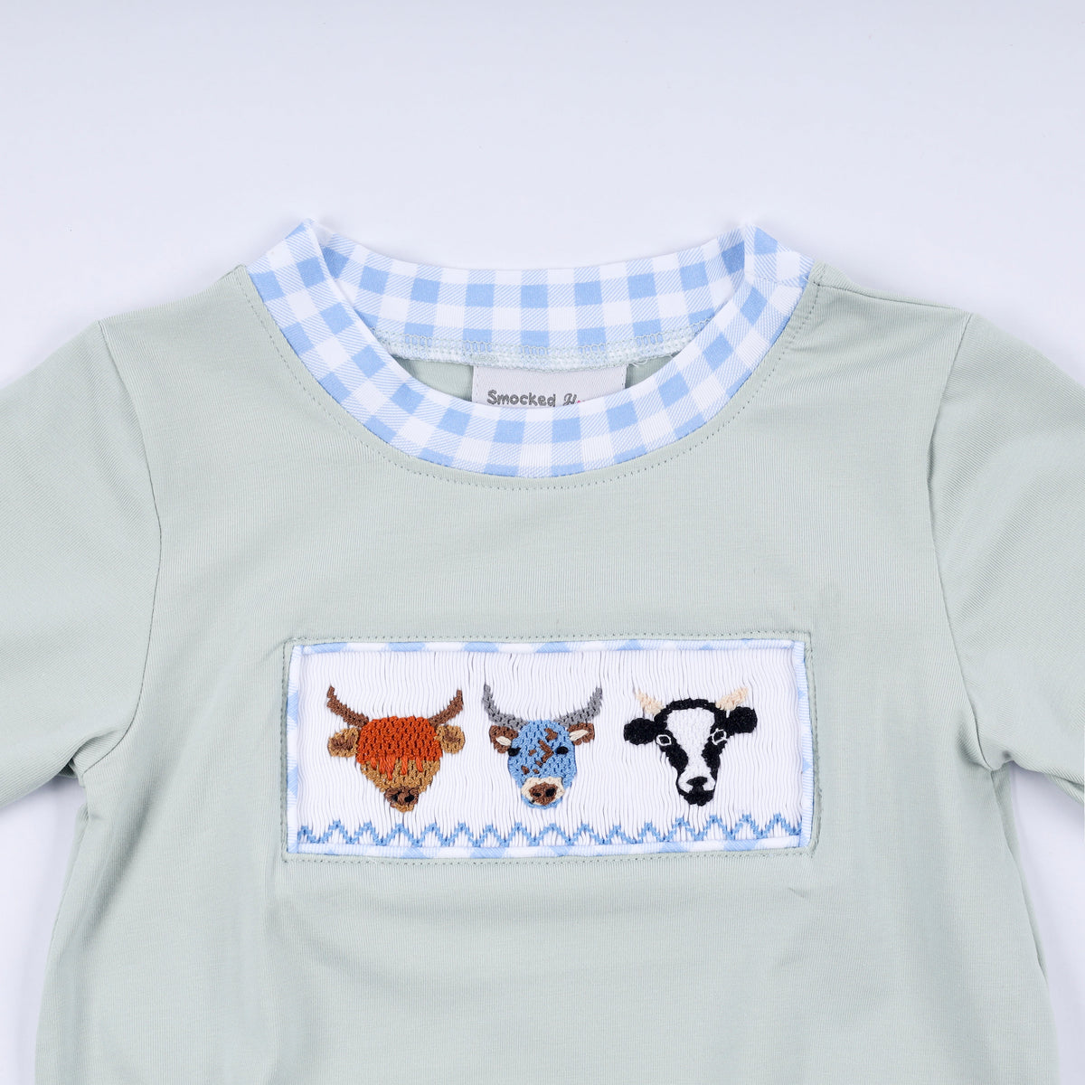 Sage cow hand smocked bubble