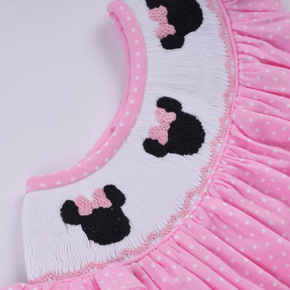 Pink character hand smocked dot ruffle bubble