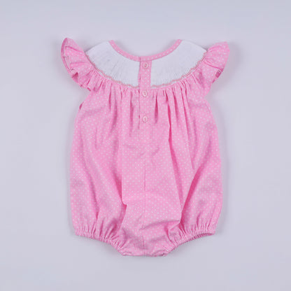 Pink character hand smocked dot ruffle bubble