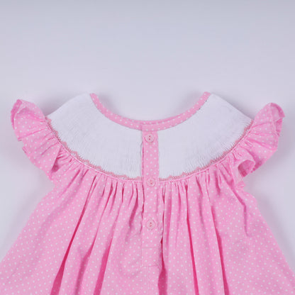 Pink character hand smocked dot ruffle pants set