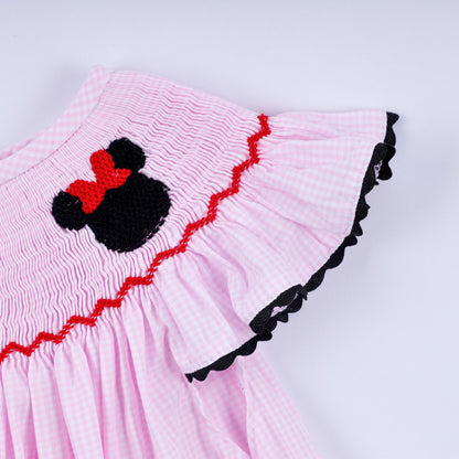 Red character hand smocked plaid ruffle dress