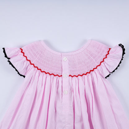 Red character hand smocked plaid ruffle dress