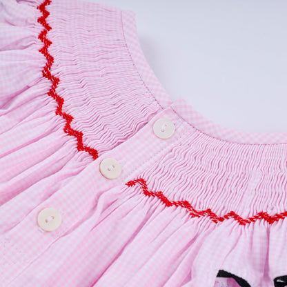 Red character hand smocked plaid ruffle bubble