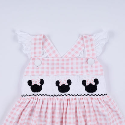 Pink character hand smocked gingham ruffle dress