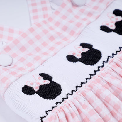 Pink character hand smocked gingham ruffle dress