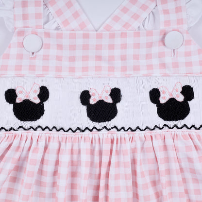 Pink character hand smocked gingham ruffle dress