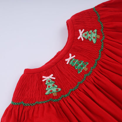 Red christmas tree hand smocked dress