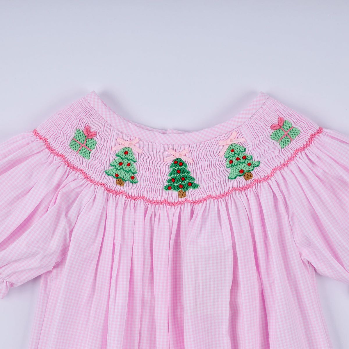 Pink christmas tree hand smocked ruffle romper