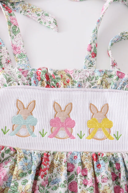 Floral print bunny embroidery smocked girl dress