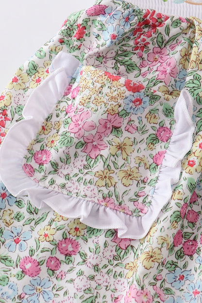 Floral print bunny embroidery smocked girl dress