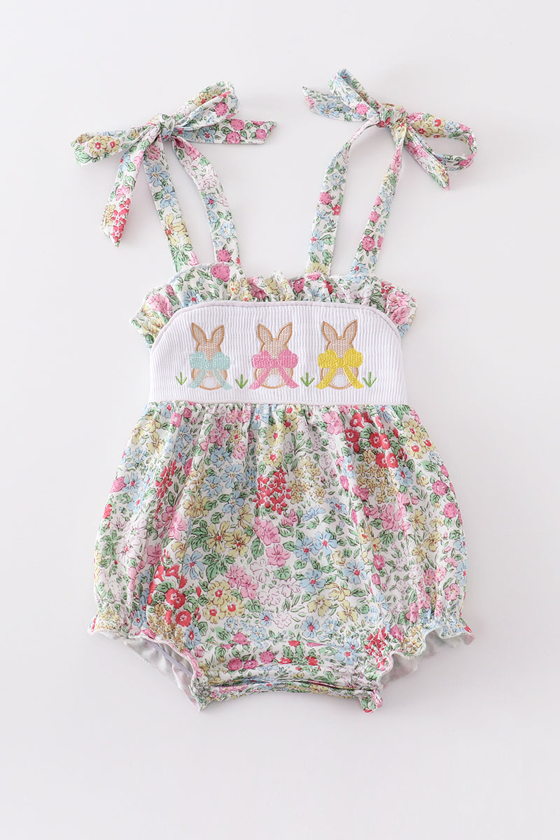 Floral print bunny embroidery smocked girl bubble
