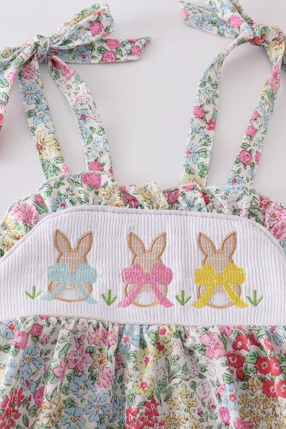Floral print bunny embroidery smocked girl bubble