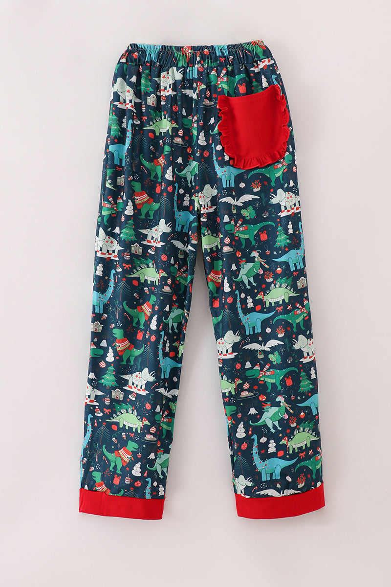 Green dinosaur print mom pajamas pants