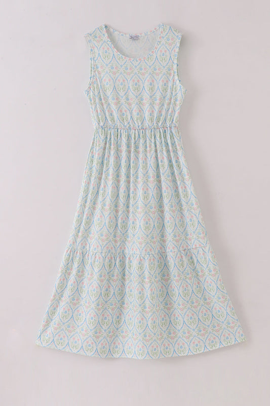 Blue delicate floral print mom dress