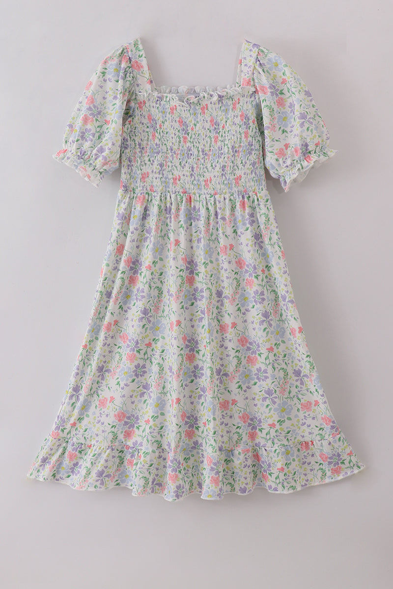 Floral print smocked mom dress