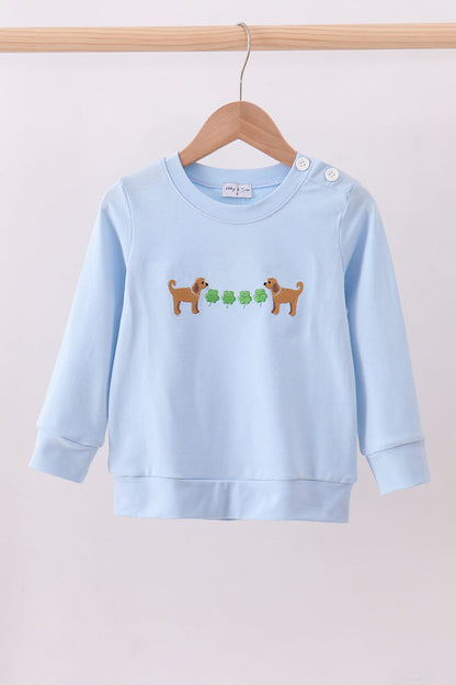 Blue puppy clover embroidery top