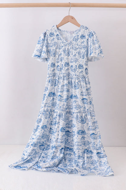 Blue beach sea smocked women dress