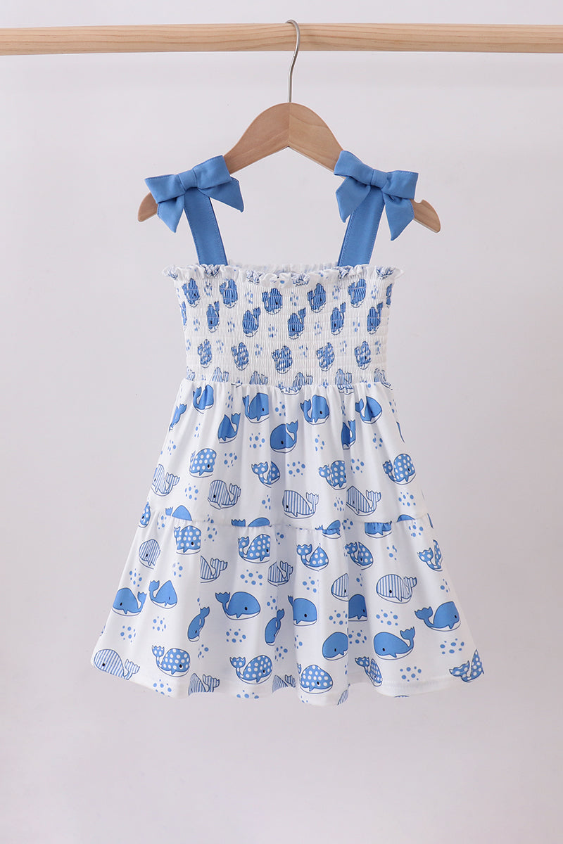 Blue whale smocked ruffle mom&me dress
