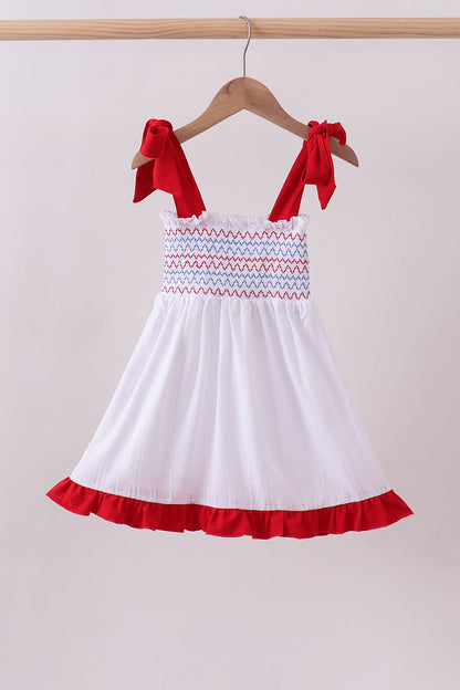 White smocked jacquard ruffle dress
