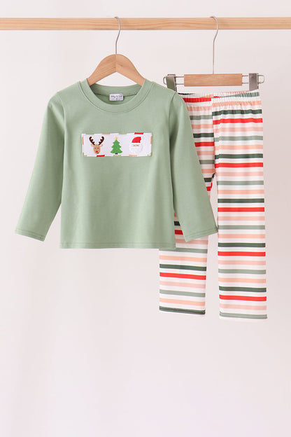 Green Reindeer Tree Embroidery Stripe Pants Set