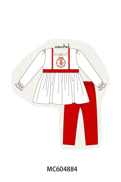 Red Gingerbread Smocked Pants Set
