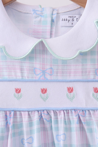 Blue plaid bow floral dress