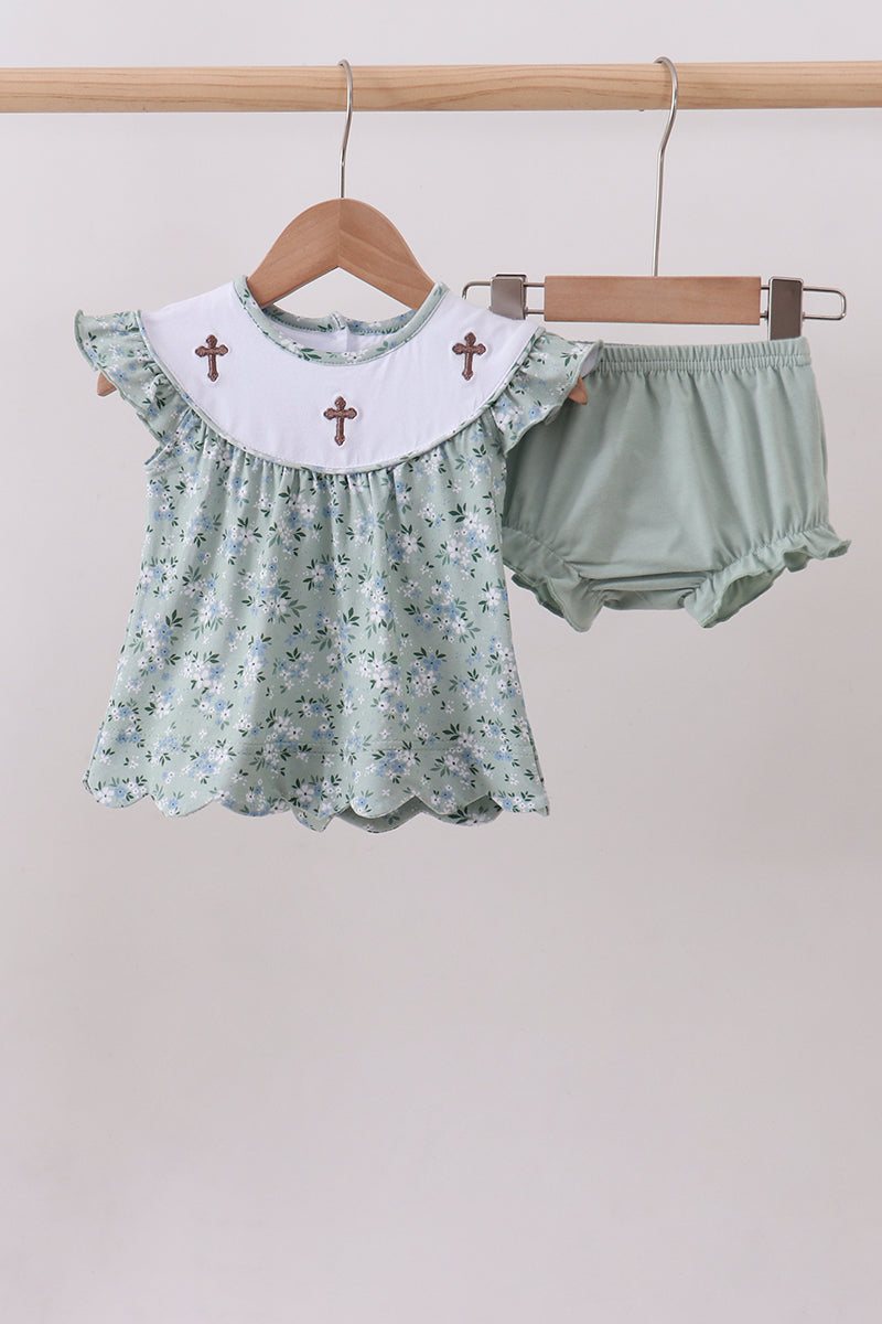 Sage floral cross embroidery ruffle bloomer set