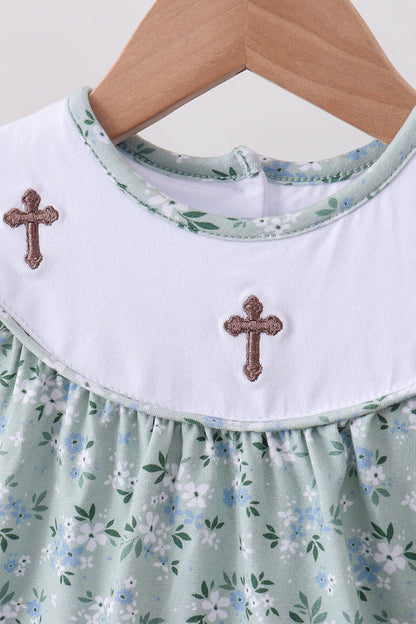 Sage floral cross embroidery ruffle bloomer set