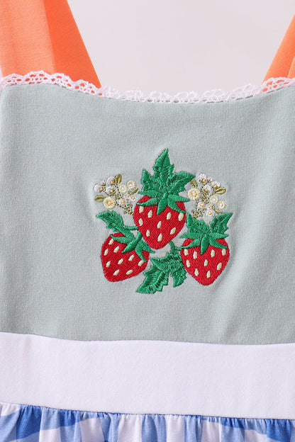 Sage strawberry embroidery ruffle gingham dress