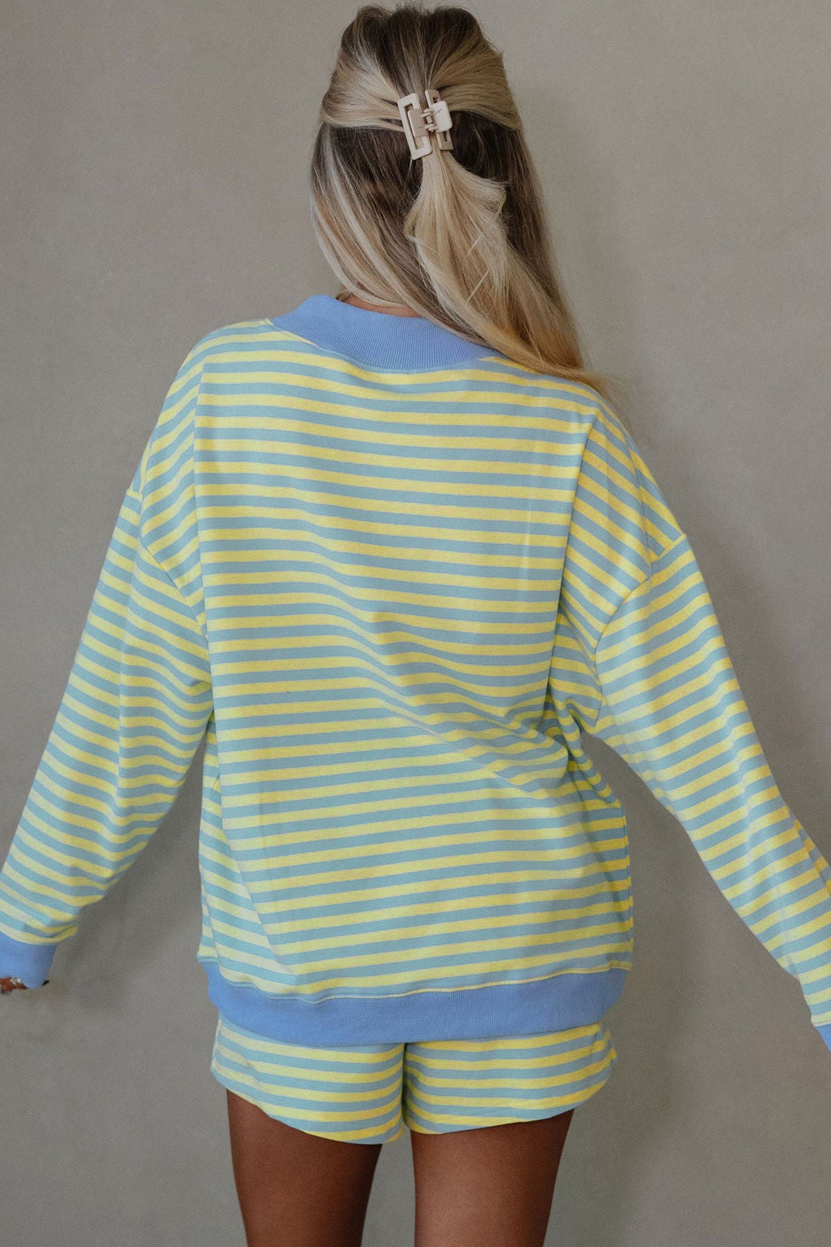 Yellow Stripe Color Block Detail Long Sleeve Pullover Elastic Waist Pull On Shorts 2pcs Set