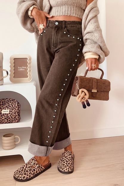 Navy Blue Studded Detail Straight Leg Casual Loose Jeans