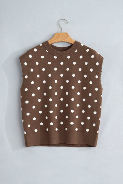 Brown Dolman Short Sleeve Round Neck Polka Dot Sweater