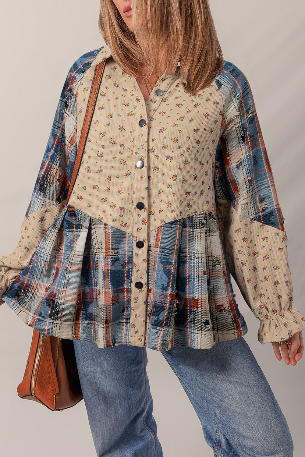 Oatmeal Boho Floral Plaid Patchwork Distressed Detail Ruffled Sleeve Waffle Knit Shacket
