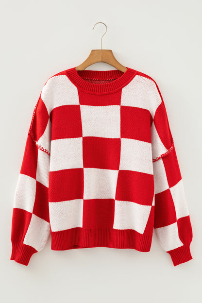 Khaki Checkered Bishop Sleeve Sweater