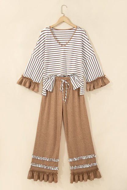 Gray Stripe V Neck Ruffle Contrast Sleeve Top Drawstring Pants 2pcs Set