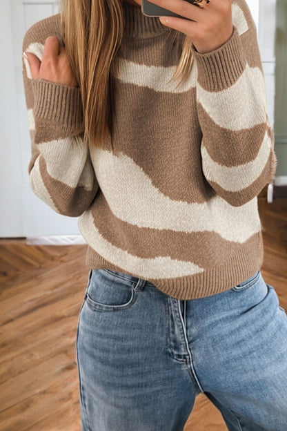 Dark Khaki Abstract Print Ribbed Trim Mock Neck Chic Sweater
