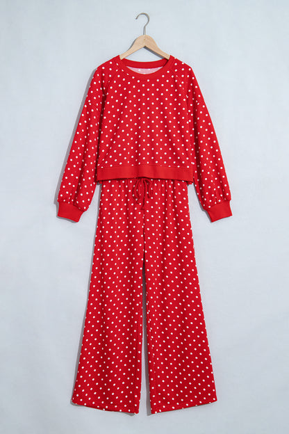 Brown Polka Dot Drawstring Wide Leg Long Sleeve Top Pant Set