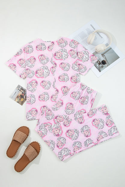 Pink Santa Claus Print V Neck Tee Drawstring Pants 2pcs Lounge Set