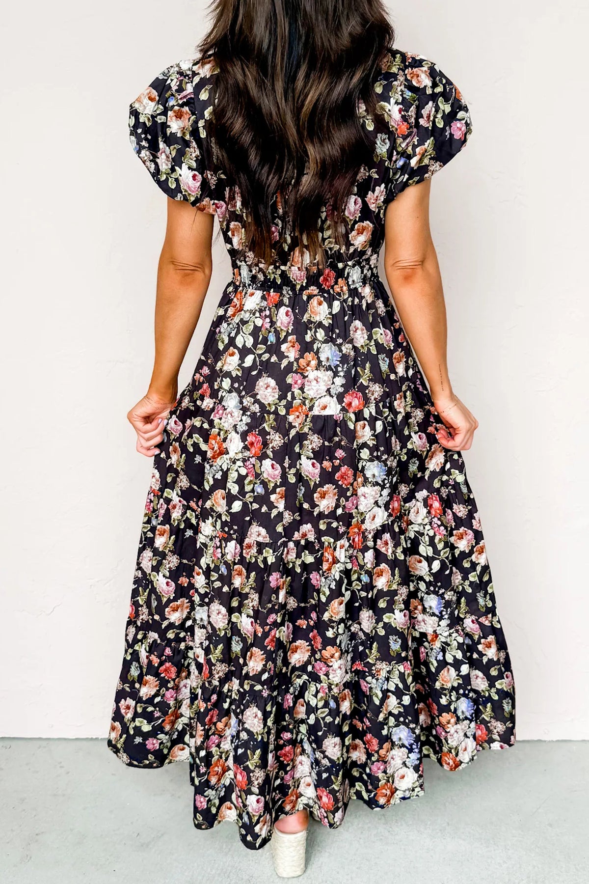 Black Floral Print V Neck Pleated Tiered Maxi Dress