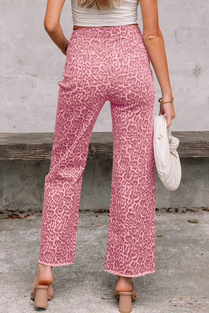Brown Leopard Frayed Edge Wide Leg High Waist Jeans