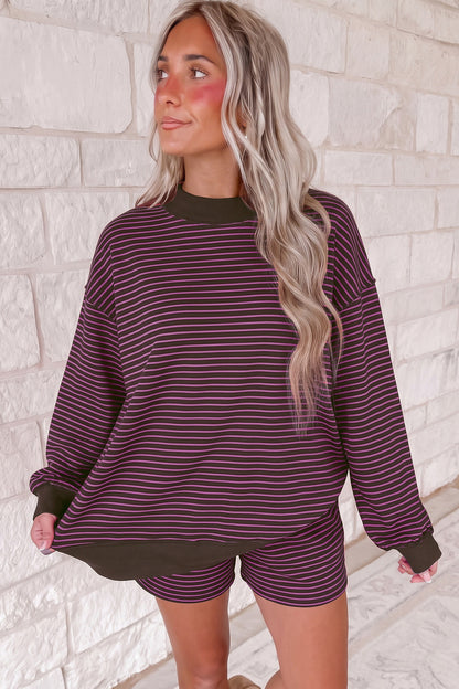 Blue Stripe Ribbed Patchwork Mock Neck Baggy Pullover Matching Shorts Set