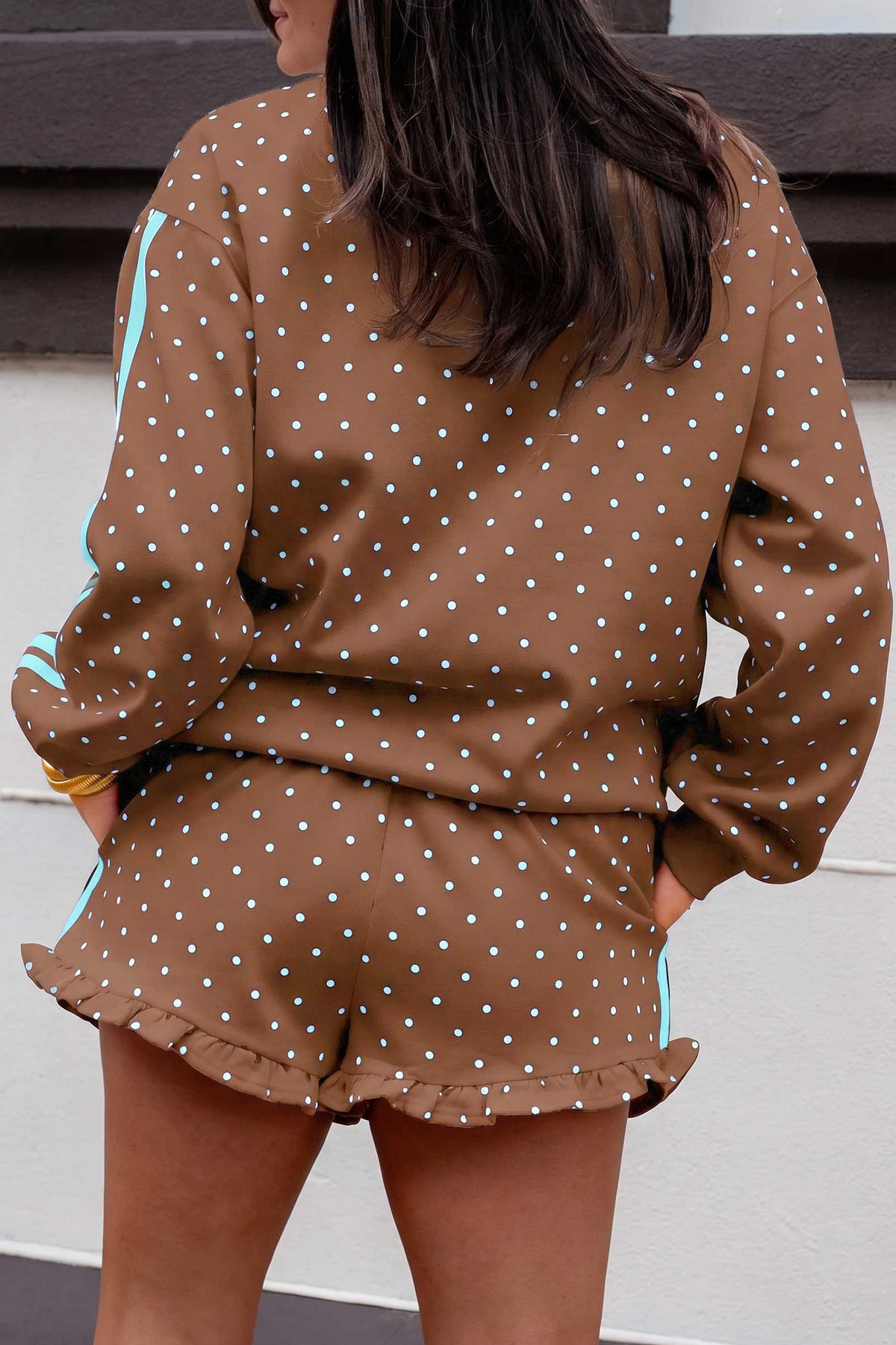 White Polka Dot Print Side Stripe Detail Casual Sweatshirt 2pcs Short Set