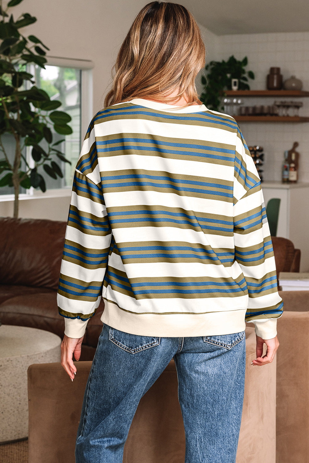 Khaki Stripe Crew Neck Drop Shoulder Pullover Sweatshirt