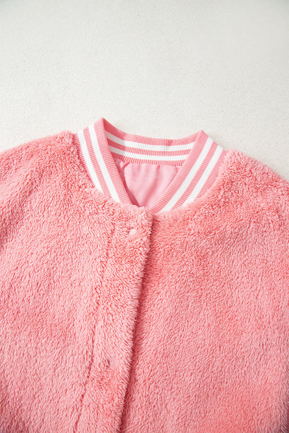 Gossamer Pink Varsity Striped Banding Patchwork Winter Plush Vest