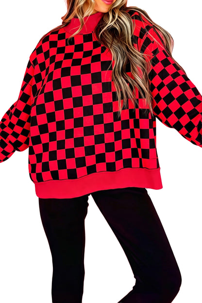 Black Checkered Print High Neck Baggy Sweatshirt