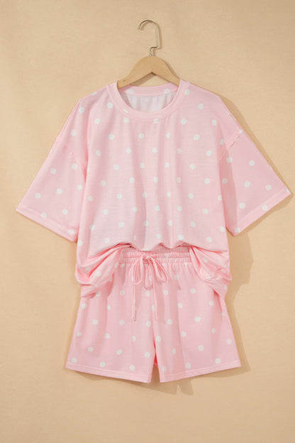 Black Polka Dot Short Sleeve Loose Top Drawstring Shorts Set