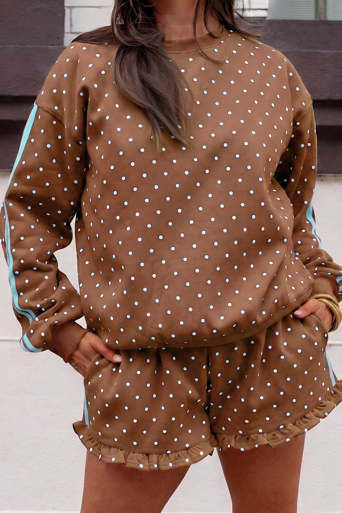 White Polka Dot Print Side Stripe Detail Casual Sweatshirt 2pcs Short Set
