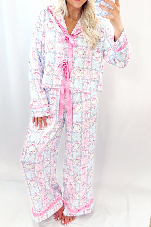 Pink Bow Wreath Pattern Christmas Holiday Tied Front Long Sleeve 2pcs Pajama Set