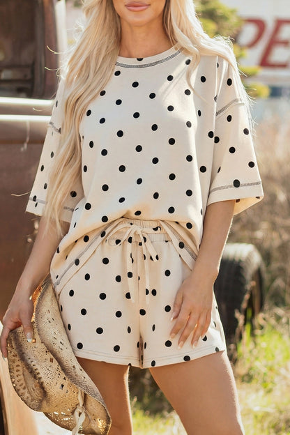 Black Polka Dot Short Sleeve Loose Top Drawstring Shorts Set