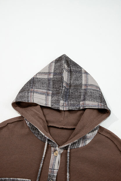 Brown Plaid Patchwork Button Down Drawstring Hooded Shacket